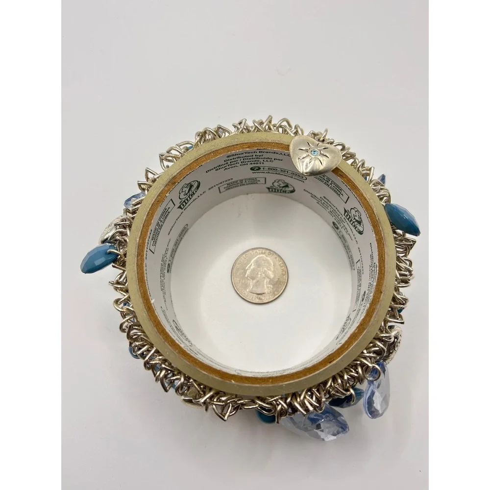 Candies Breaking Hearts Blue Bead‎ Silver Tone Heart Charm Elastic Bracelet Y2K